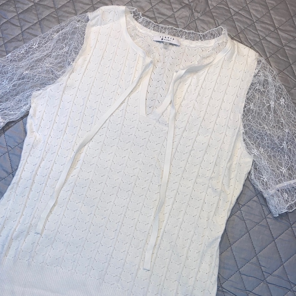 Liquid by Sioni Off White Sweater W/Lace Sleeves and Tie Neckline. Size Large